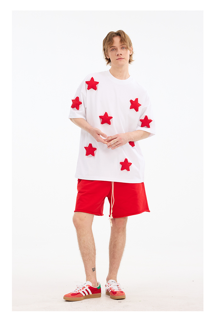 3D Stars Pattern Cotton Padding Oversized Short Sleeve T-Shirt - Couples
