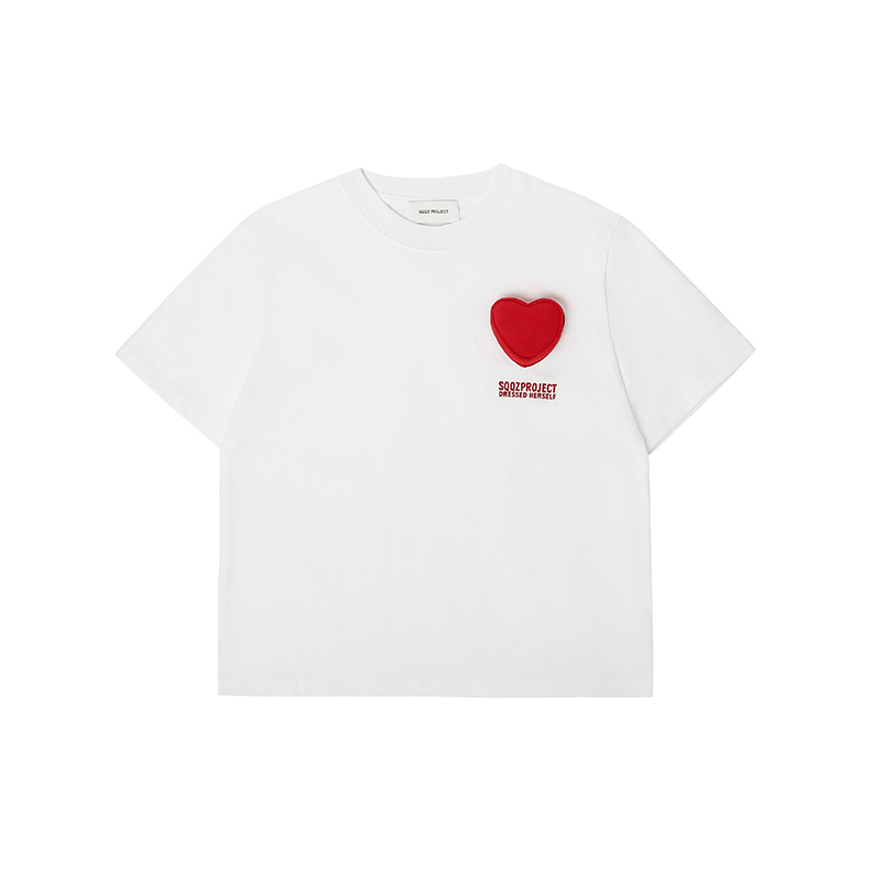 Cotton-filled 3D Single Heart Graphic T-shirt Hand-printed Design Crewneck Kids Oversized Comfort Playwear Top SQQZ PROJECT Original
