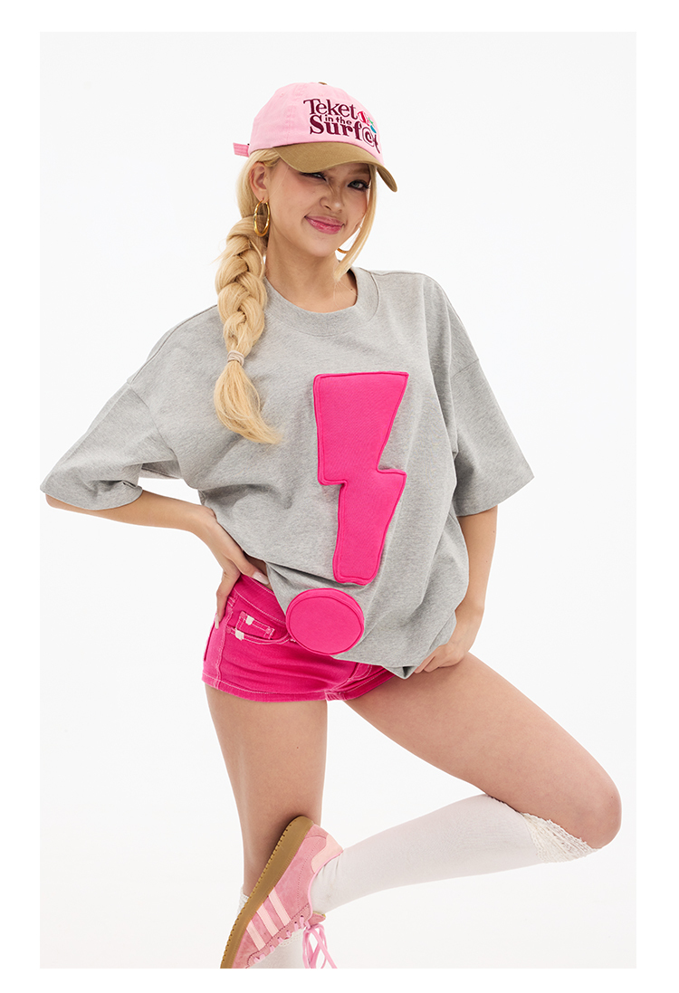 3D Lightning & Exclamation Cotton Padding Oversized Short Sleeve T-Shirt - Couples