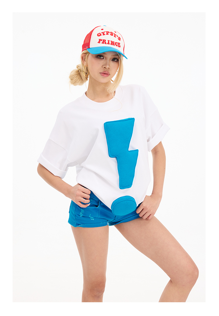 3D Lightning & Exclamation Cotton Padding Oversized Short Sleeve T-Shirt - Couples