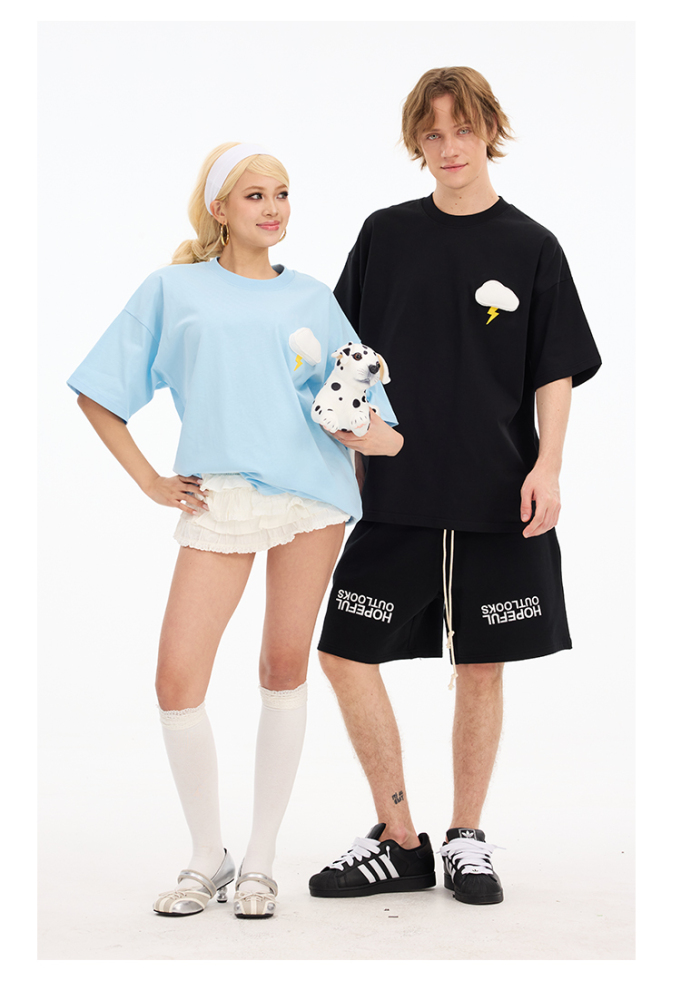 3D Cloud Puff Print Oversized Short Sleeve T-Shirt - Couples