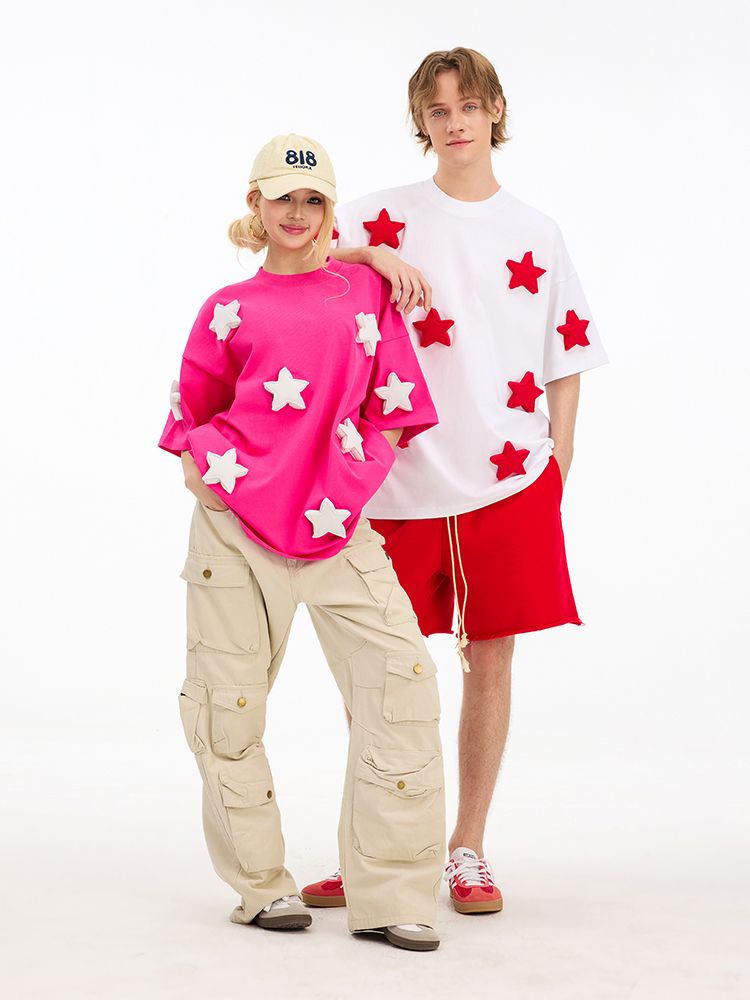 3D Stars Pattern Cotton Padding Oversized Short Sleeve T-Shirt - Couples