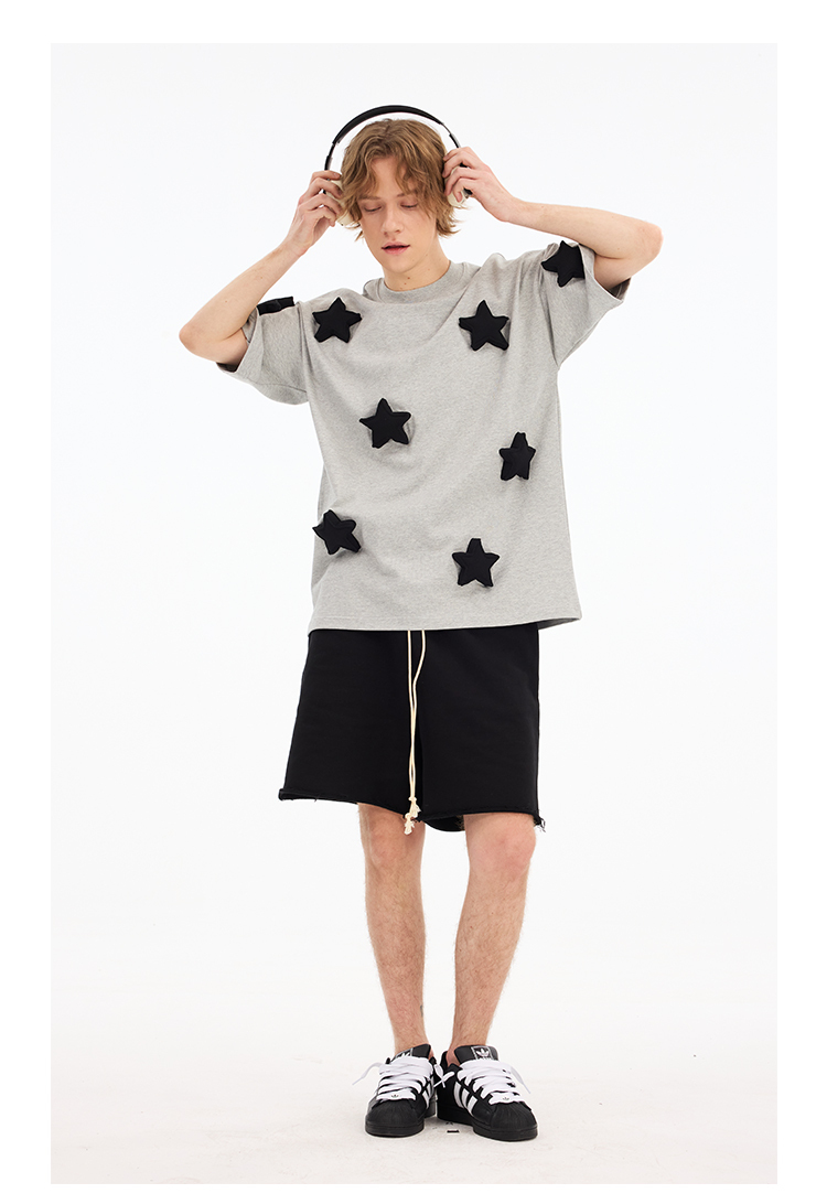 3D Stars Pattern Cotton Padding Oversized Short Sleeve T-Shirt - Couples