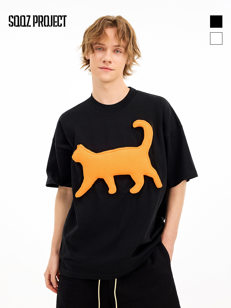 Cotton-filled 3D Raised Cat Graphic T-shirt Hand-printed Design Crewneck Unisex Oversized Comfort Streetwear Top SQQZ PROJECT Original
