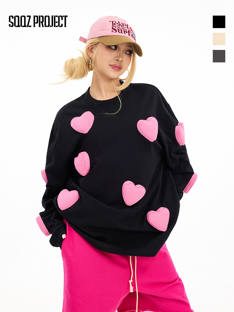 3D All-Over Hearts Cotton Padding Oversized Crewneck Long Sleeve T-Shirt - Couples
