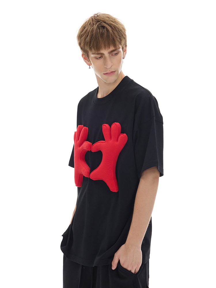 Cotton-filled 3D Raised Hand Gesture Graphic T-shirt Hand-printed Design Crewneck Unisex Oversized Comfort Streetwear Top SQQZ PROJECT Original