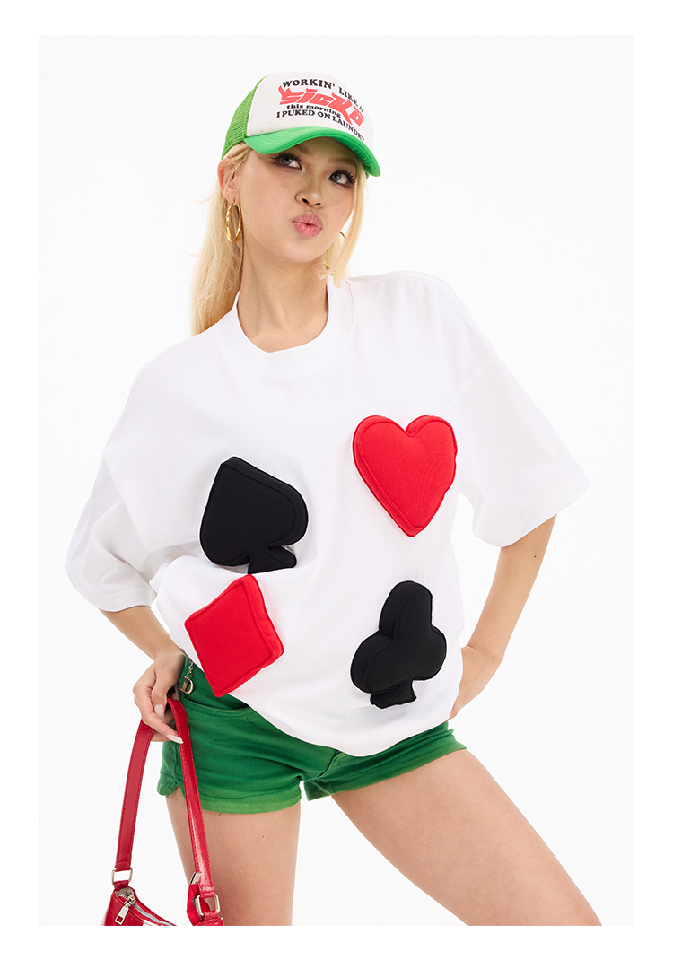 3D Poker Suits Puff Print Oversized Short Sleeve T-Shirt - Couples