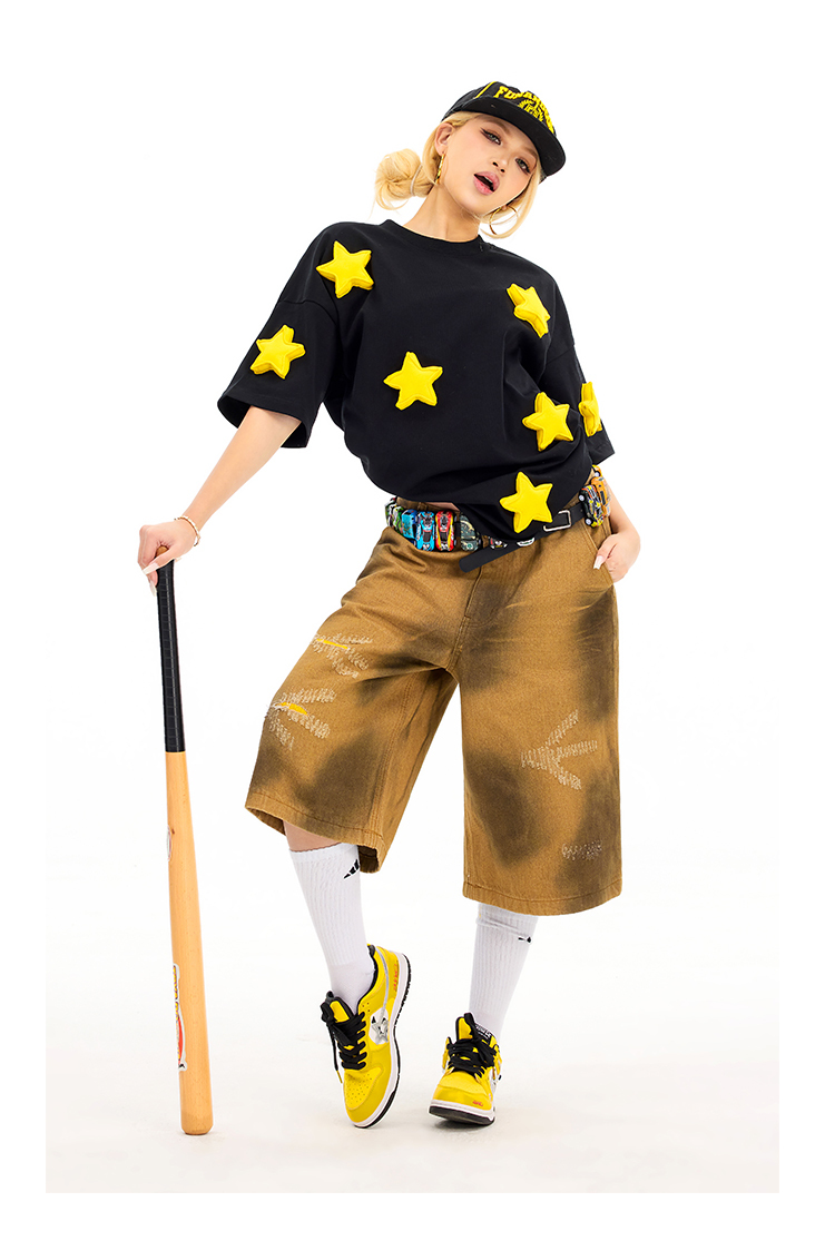 3D Stars Pattern Cotton Padding Oversized Short Sleeve T-Shirt - Couples