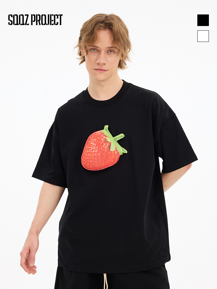 3D Strawberry Cotton Padding Oversized Crewneck Short Sleeve T-Shirt - Couples