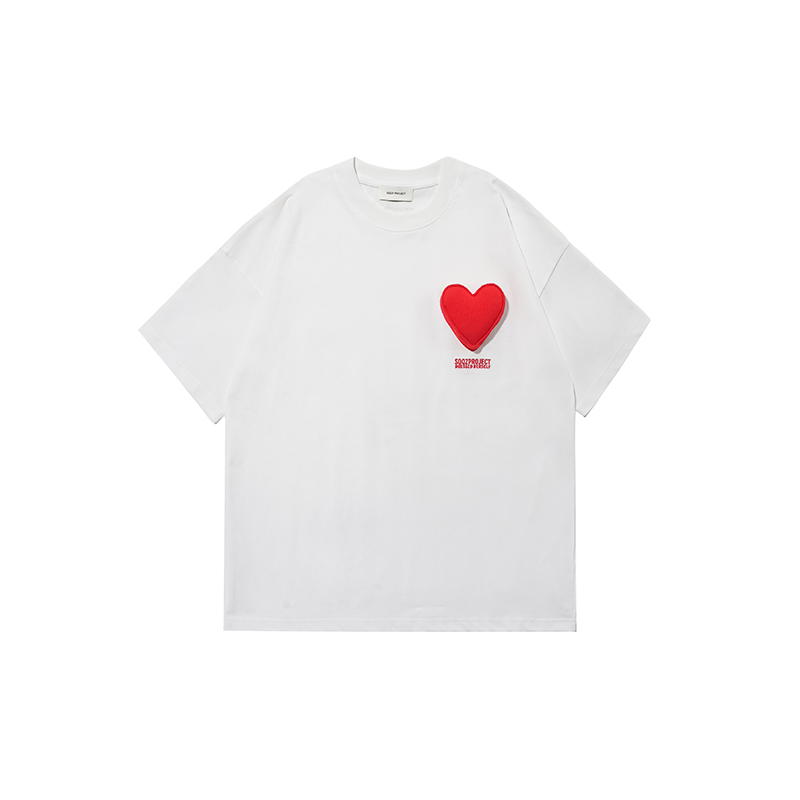 3D Hearts Cotton Padding Oversized Crewneck Short Sleeve T-Shirt - Couples