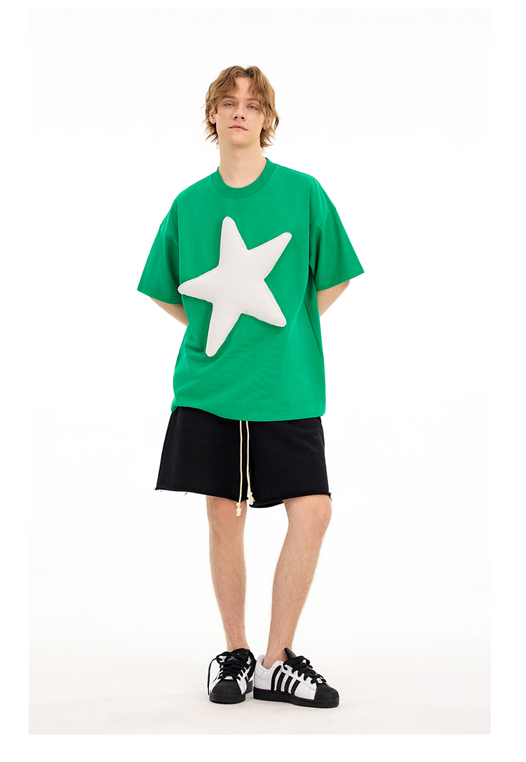 Color Block 3D Star Cotton Padding Oversized Short Sleeve T-Shirt - Unisex