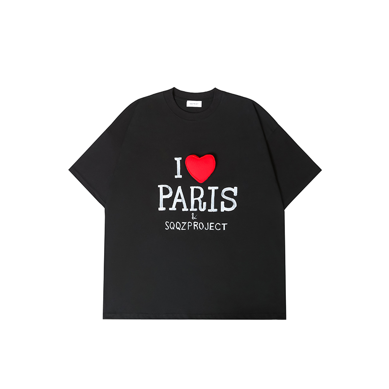 Cotton-filled 3D Raised Heart with Hand-painted Lettering Oversized Crewneck T-shirt Unisex Streetwear Top SQQZ PROJECT Original