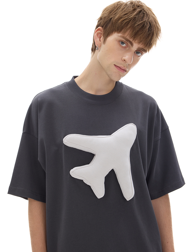 Cotton-filled 3D Airplane Graphic T-shirt 300GSM Heavyweight Fabric Oversized Crewneck Unisex Couples Matching Streetwear SQQZ PROJECT New Arrival