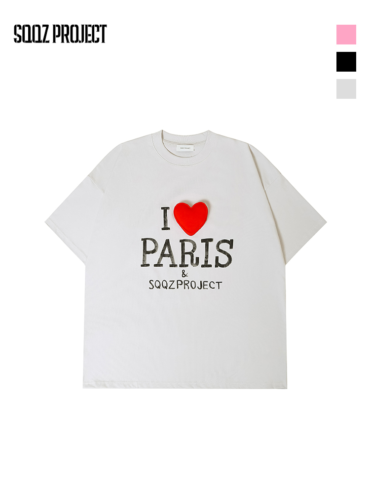Cotton-filled 3D Raised Heart with Hand-painted Lettering Oversized Crewneck T-shirt Unisex Streetwear Top SQQZ PROJECT Original