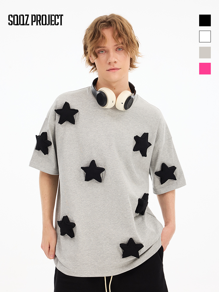 3D Stars Pattern Cotton Padding Oversized Short Sleeve T-Shirt - Couples