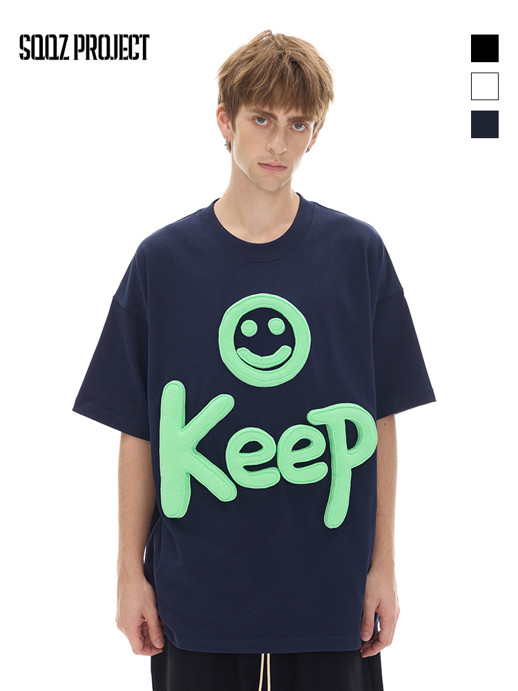 Cotton-filled 3D Raised Keep Smiley Graphic T-shirt Hand-printed Design Crewneck Unisex Oversized Comfort Streetwear Top SQQZ PROJECT Original