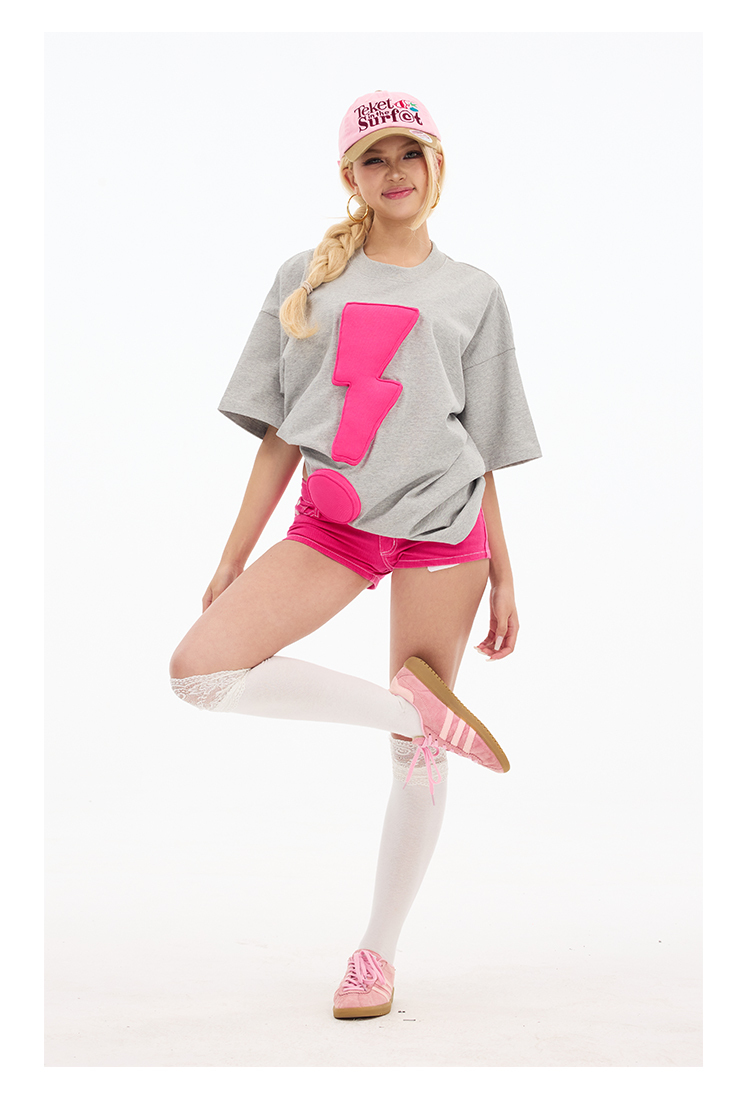 3D Lightning & Exclamation Cotton Padding Oversized Short Sleeve T-Shirt - Couples