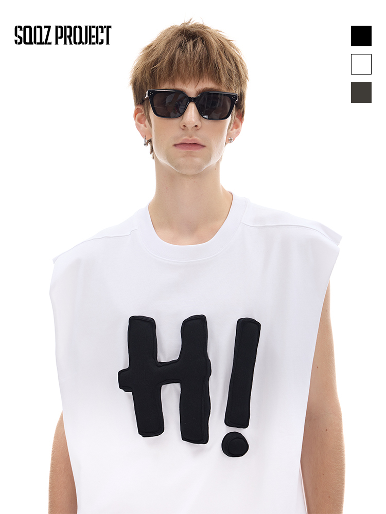 Cotton-filled 3D Raised H! Text Sleeveless Tank Hand-printed Design Unisex Oversized Comfort Streetwear Top SQQZ PROJECT Original