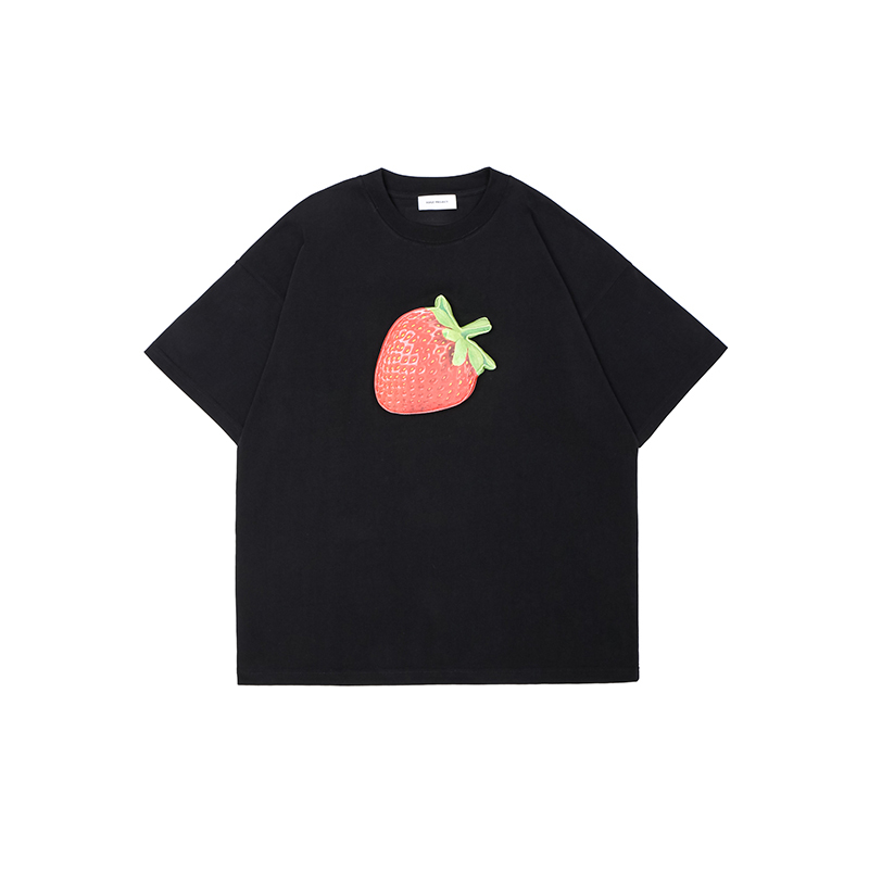 3D Strawberry Cotton Padding Oversized Crewneck Short Sleeve T-Shirt - Couples