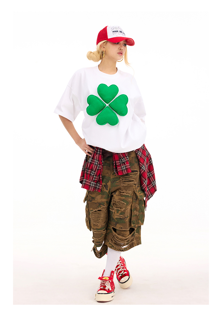 3D Clover Cotton Padding Oversized Short Sleeve T-Shirt - Couples