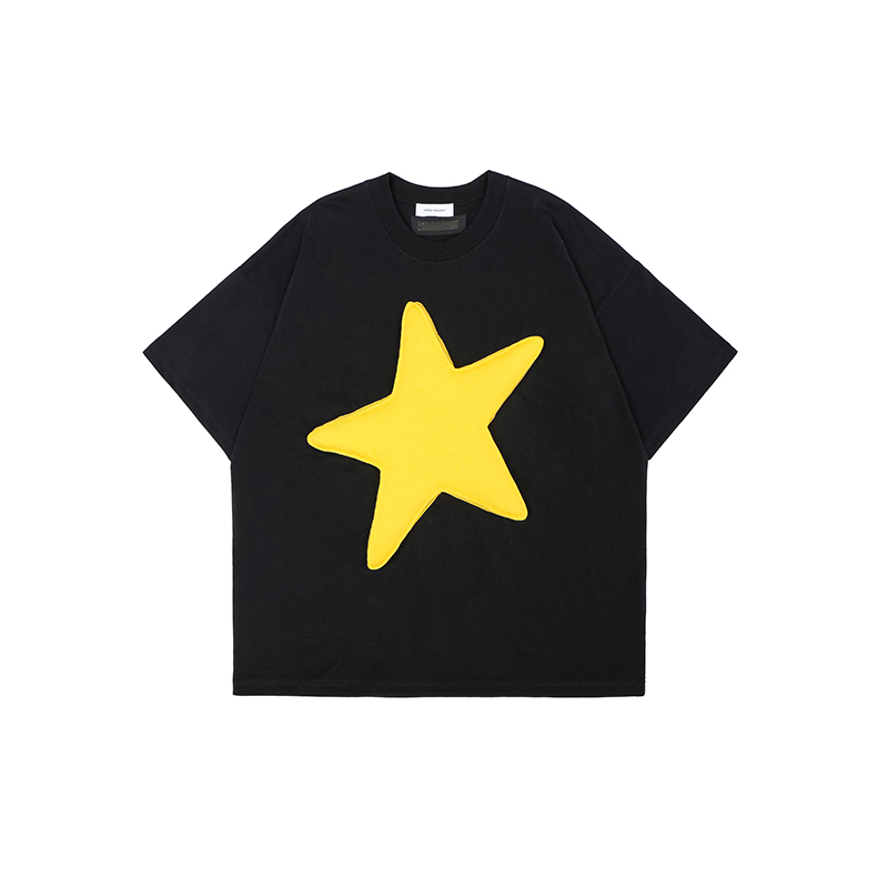 Color Block 3D Star Cotton Padding Oversized Short Sleeve T-Shirt - Unisex