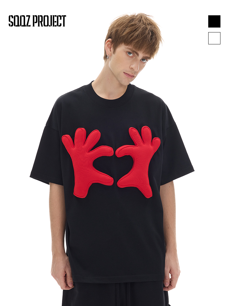 Cotton-filled 3D Raised Hand Gesture Graphic T-shirt Hand-printed Design Crewneck Unisex Oversized Comfort Streetwear Top SQQZ PROJECT Original