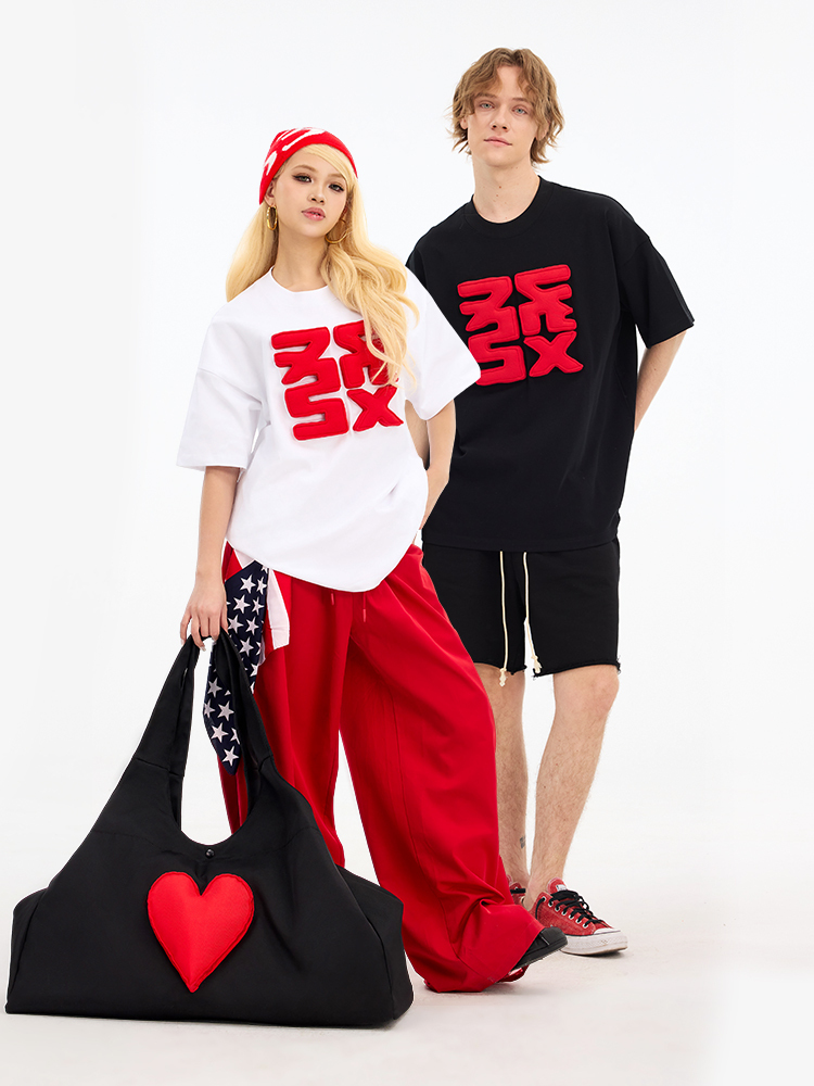 Cotton-filled 3D Raised 發 Symbol T-shirt Hand-printed Design Crewneck Unisex Oversized Comfort Streetwear Top SQQZ PROJECT Original