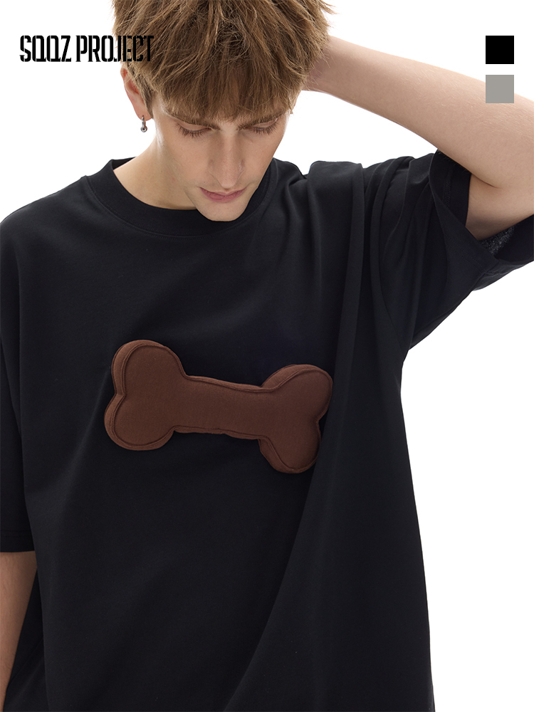 Cotton-filled 3D Raised Bone Graphic T-shirt Hand-printed Design Crewneck Unisex Oversized Comfort Streetwear Top SQQZ PROJECT Original