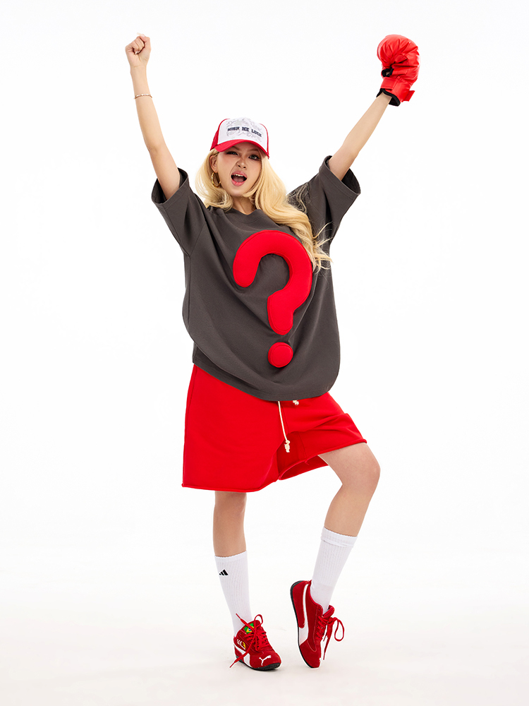 3D Question Mark Cotton Padding Oversized Crewneck Short Sleeve T-Shirt - Couples