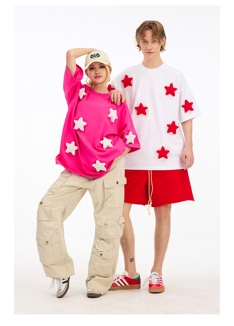 3D Stars Pattern Cotton Padding Oversized Short Sleeve T-Shirt - Couples