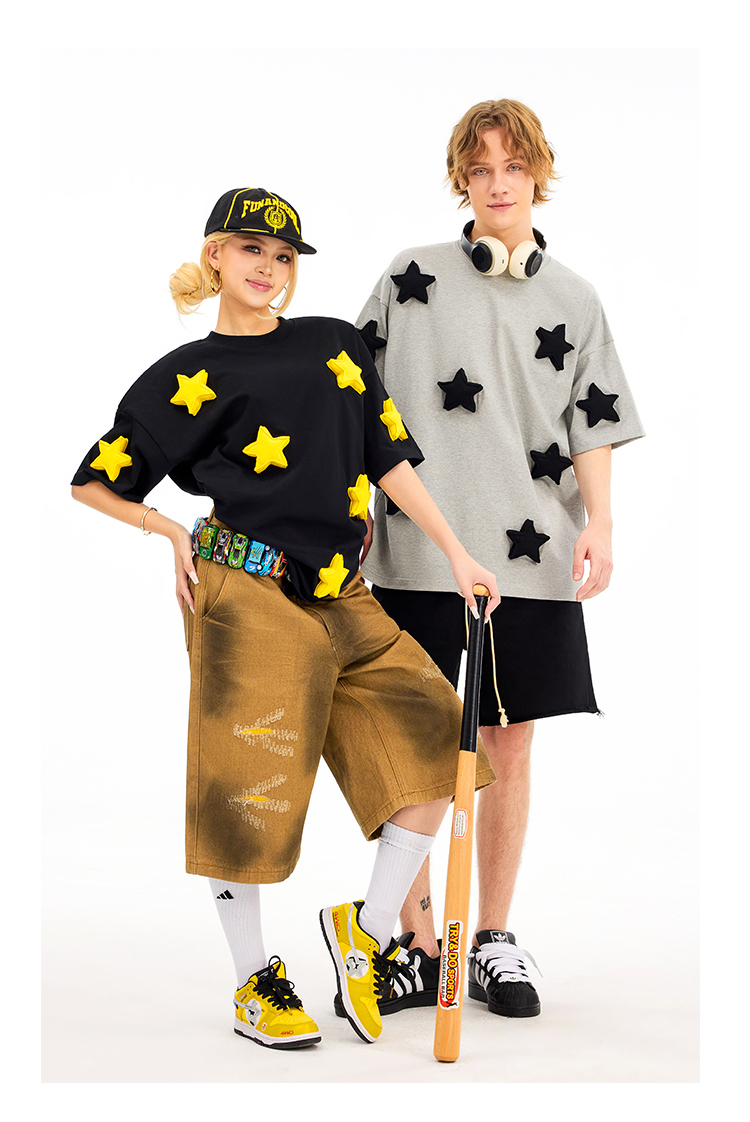 3D Stars Pattern Cotton Padding Oversized Short Sleeve T-Shirt - Couples