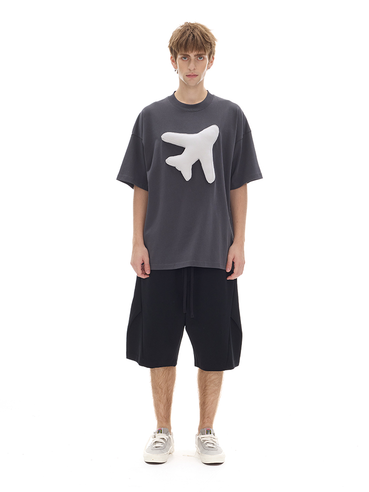 Cotton-filled 3D Airplane Graphic T-shirt 300GSM Heavyweight Fabric Oversized Crewneck Unisex Couples Matching Streetwear SQQZ PROJECT New Arrival