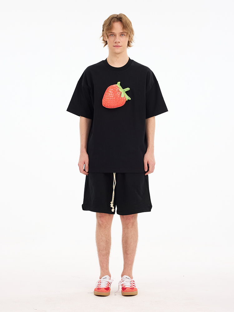 3D Strawberry Cotton Padding Oversized Crewneck Short Sleeve T-Shirt - Couples