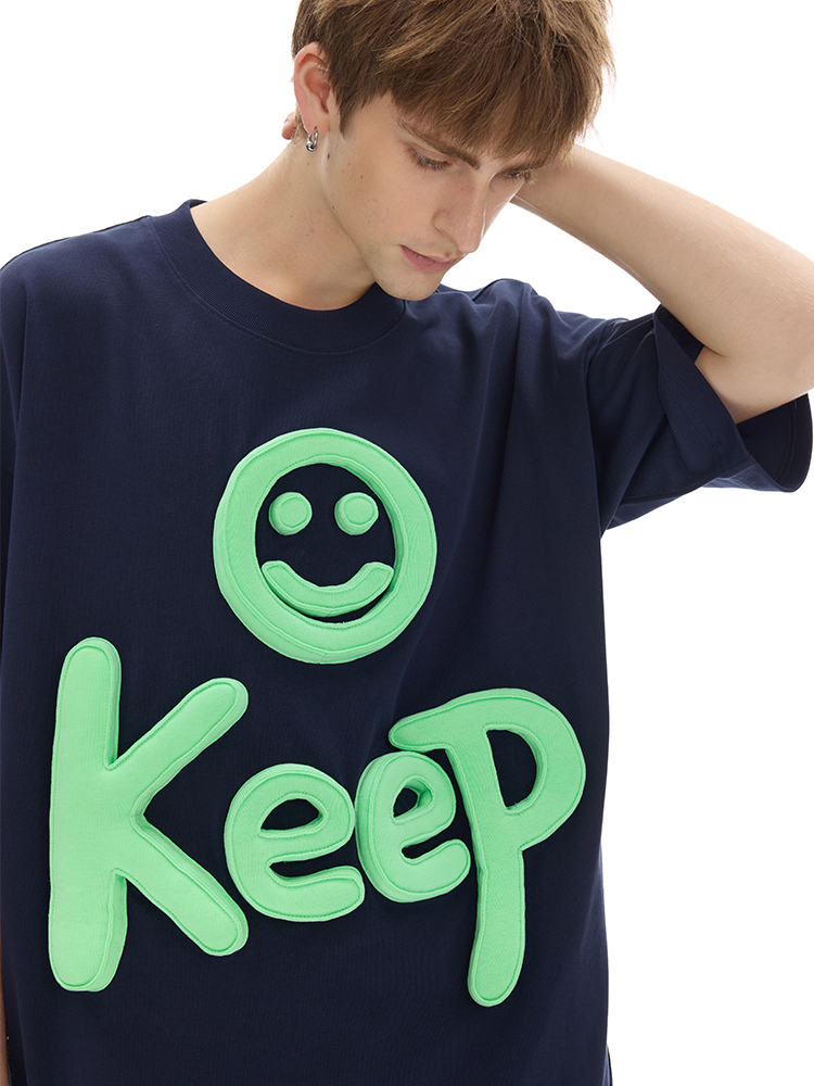 Cotton-filled 3D Raised Keep Smiley Graphic T-shirt Hand-printed Design Crewneck Unisex Oversized Comfort Streetwear Top SQQZ PROJECT Original
