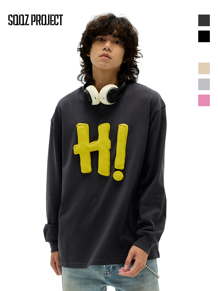 Cotton-filled 3D Raised HI Graphic Longsleeve T-shirt Hand-printed Design Oversized Unisex Comfort Streetwear Top SQQZ PROJECT Original