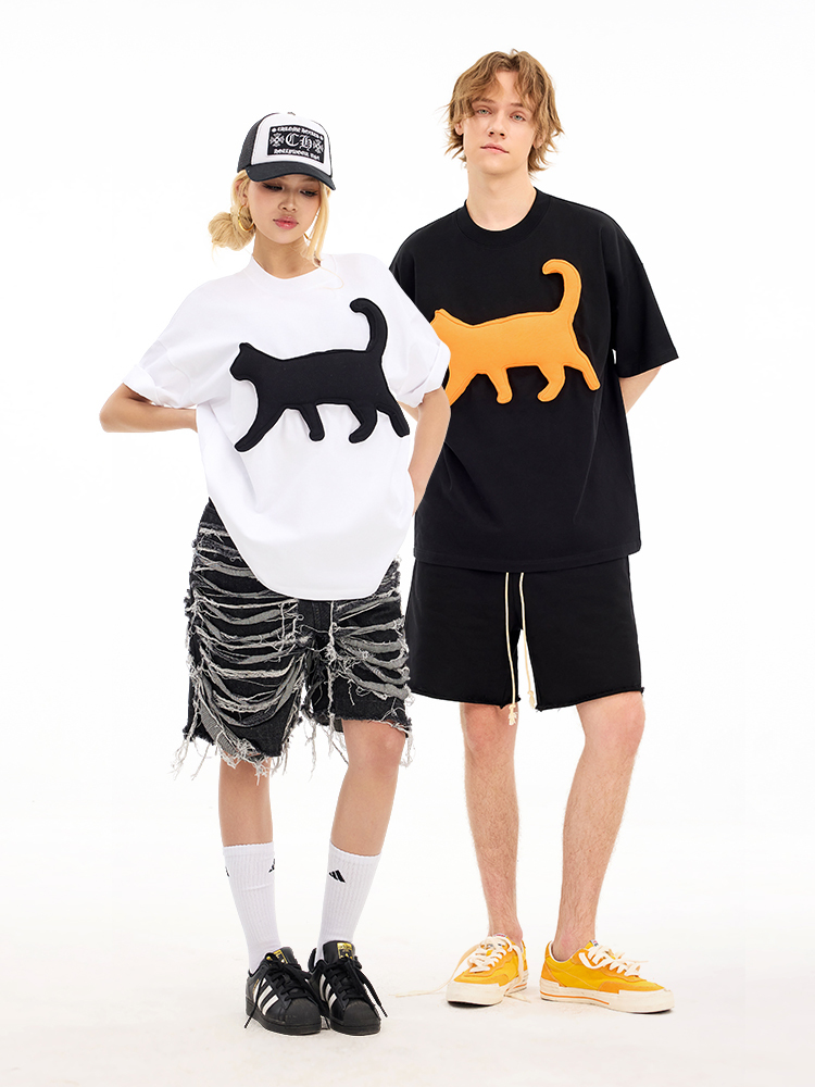 Cotton-filled 3D Raised Cat Graphic T-shirt Hand-printed Design Crewneck Unisex Oversized Comfort Streetwear Top SQQZ PROJECT Original