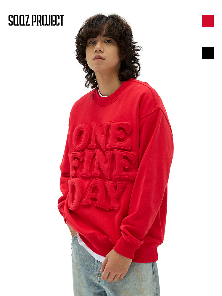 Cotton-filled 3D Raised Slogan Crewsweatshirt Embroidered Detail Oversized Fit Unisex Warm Streetwear Essential SQQZ PROJECT Original