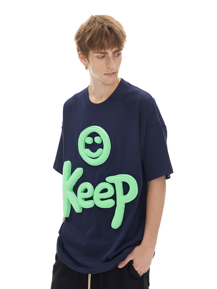 Cotton-filled 3D Raised Keep Smiley Graphic T-shirt Hand-printed Design Crewneck Unisex Oversized Comfort Streetwear Top SQQZ PROJECT Original