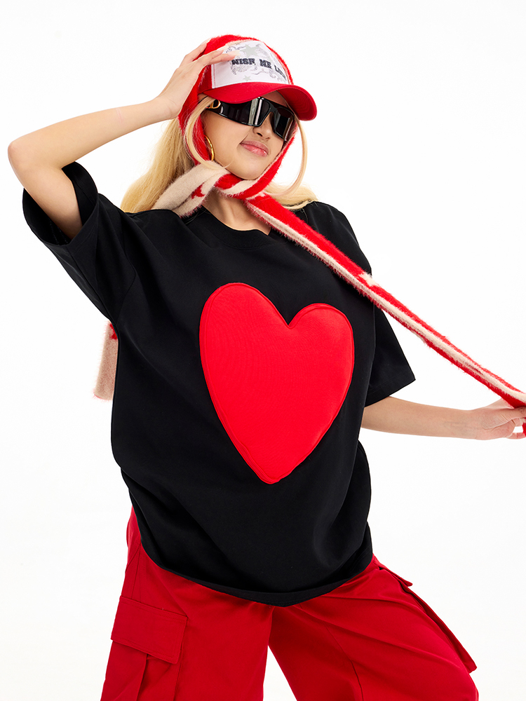 Cotton-filled 3D Raised Big Heart T-shirt Hand-printed Design Crewneck Unisex Oversized Comfort Streetwear Top SQQZ PROJECT Original