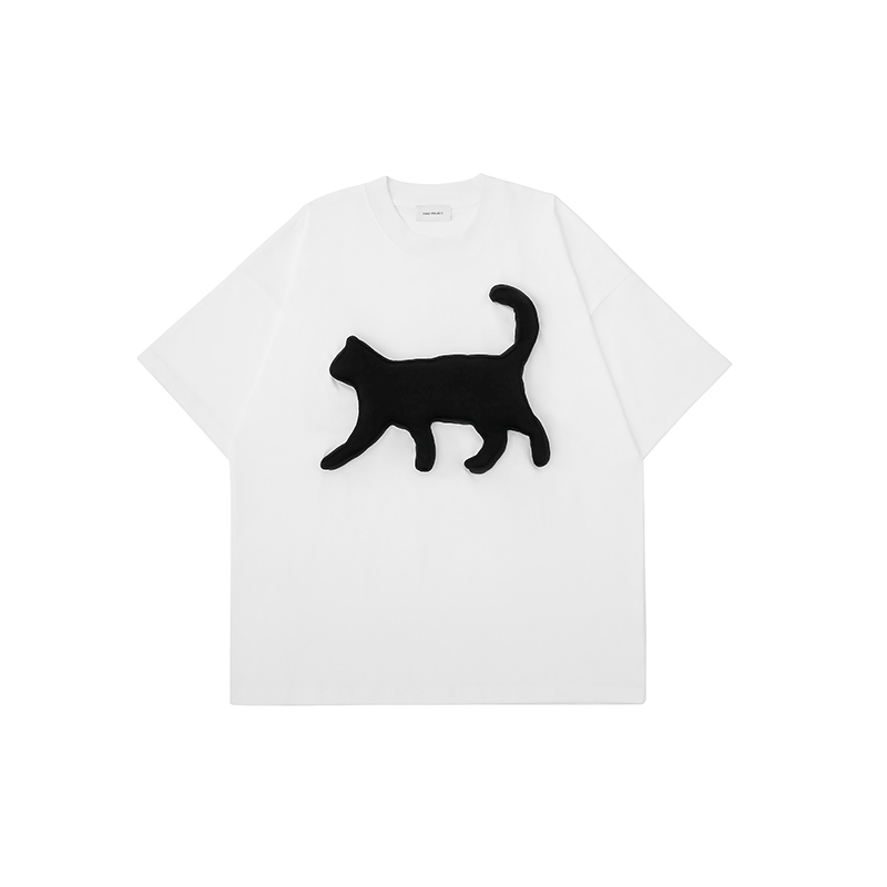 Cotton-filled 3D Raised Cat Graphic T-shirt Hand-printed Design Crewneck Unisex Oversized Comfort Streetwear Top SQQZ PROJECT Original