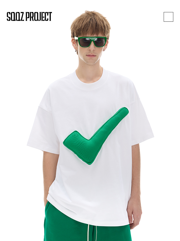 Cotton-filled 3D Raised "Correct" Symbol T-shirt Hand-printed Design Crewneck Unisex Oversized Comfort Streetwear Top SQQZ PROJECT Original