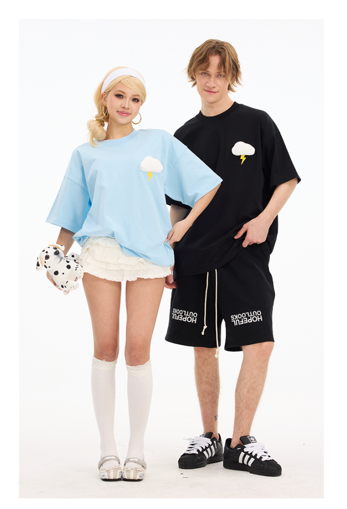 3D Cloud Puff Print Oversized Short Sleeve T-Shirt - Couples
