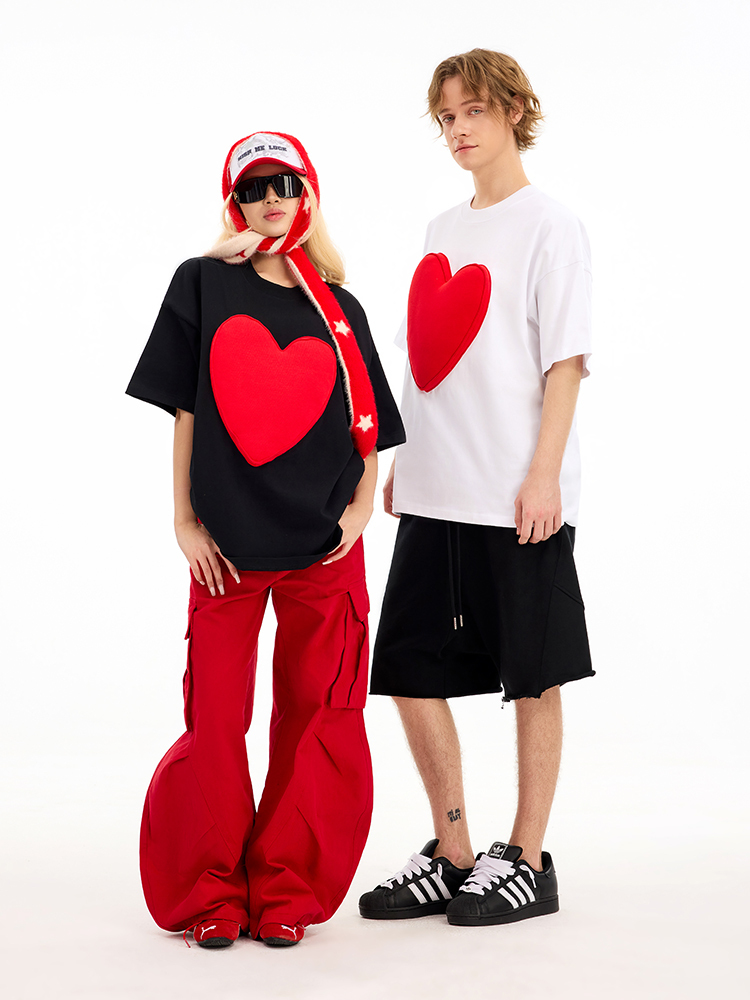 Cotton-filled 3D Raised Big Heart T-shirt Hand-printed Design Crewneck Unisex Oversized Comfort Streetwear Top SQQZ PROJECT Original