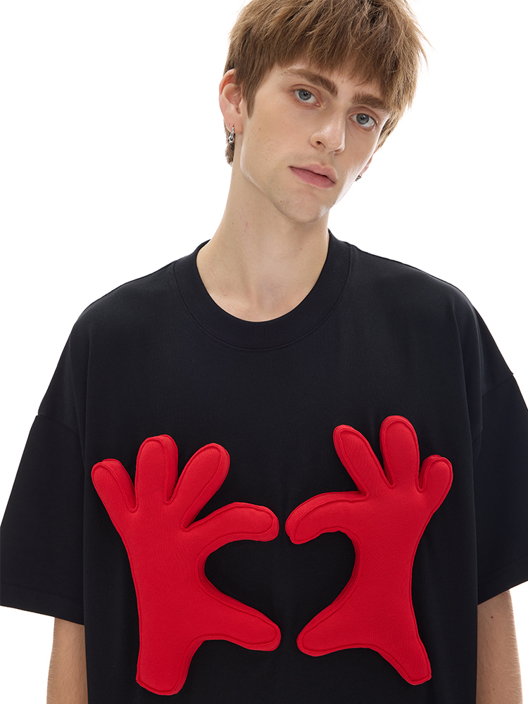 Cotton-filled 3D Raised Hand Gesture Graphic T-shirt Hand-printed Design Crewneck Unisex Oversized Comfort Streetwear Top SQQZ PROJECT Original