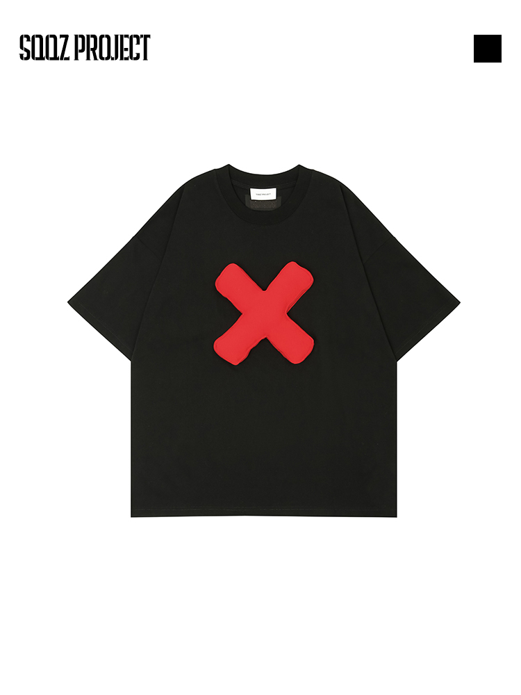 3D Crossmark Cotton Padding Oversized Crewneck Short Sleeve T-Shirt - Unisex