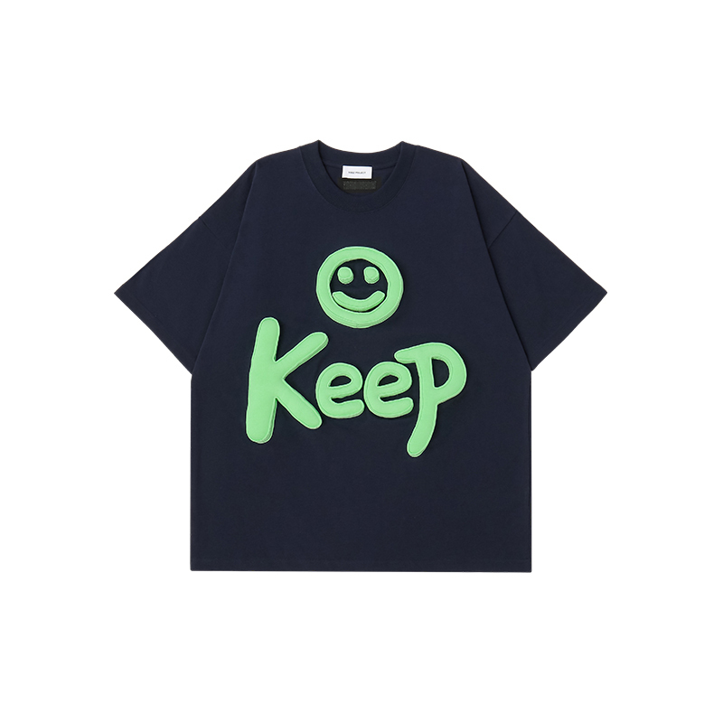 Cotton-filled 3D Raised Keep Smiley Graphic T-shirt Hand-printed Design Crewneck Unisex Oversized Comfort Streetwear Top SQQZ PROJECT Original
