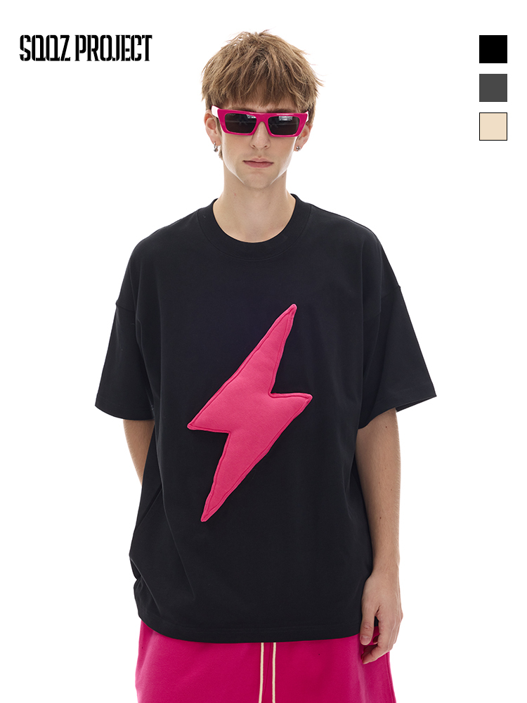 Cotton-filled 3D Raised Lightning Graphic T-shirt Hand-printed Design Crewneck Unisex Oversized Comfort Streetwear Top SQQZ PROJECT Original