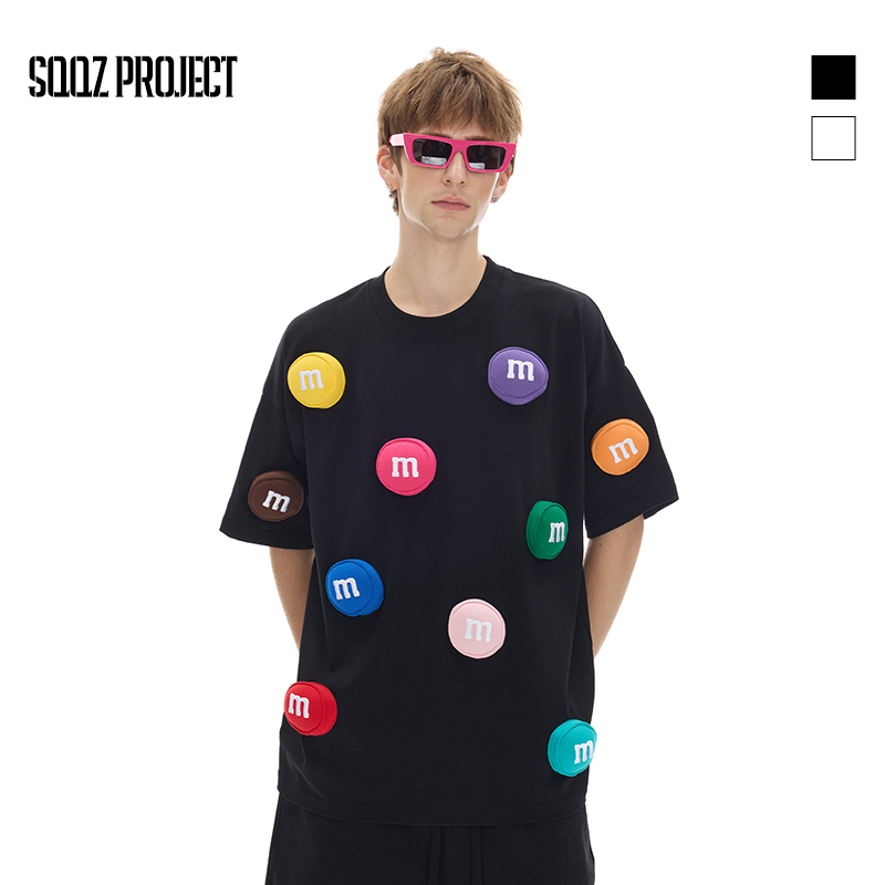 Cotton 3D MM bean pattern T-shirt, handmade printing design, round neck, unisex, loose and comfortable, street style top, original by SQQZ PROJECT