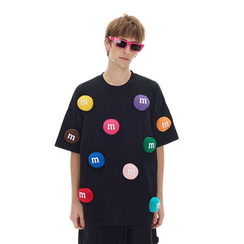 Cotton 3D MM bean pattern T-shirt, handmade printing design, round neck, unisex, loose and comfortable, street style top, original by SQQZ PROJECT