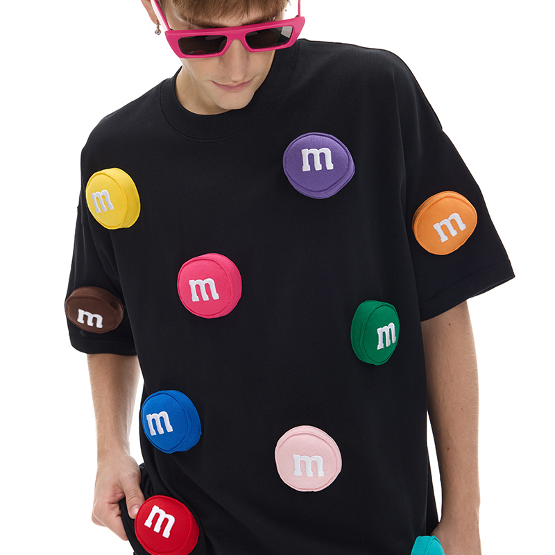 Cotton 3D MM bean pattern T-shirt, handmade printing design, round neck, unisex, loose and comfortable, street style top, original by SQQZ PROJECT